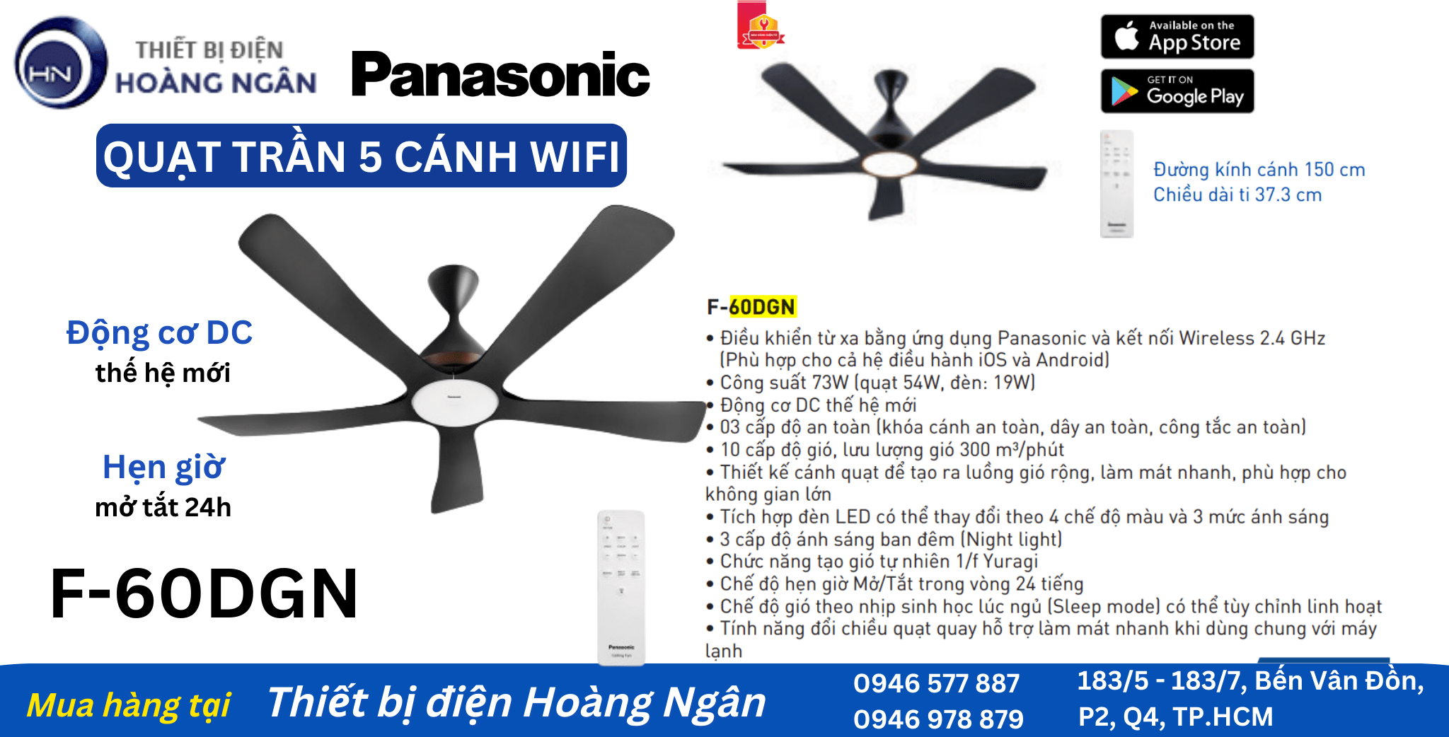 Quạt trần đèn Panasonic 5 cánh Có Đèn F-60TDN kết nối Wifi