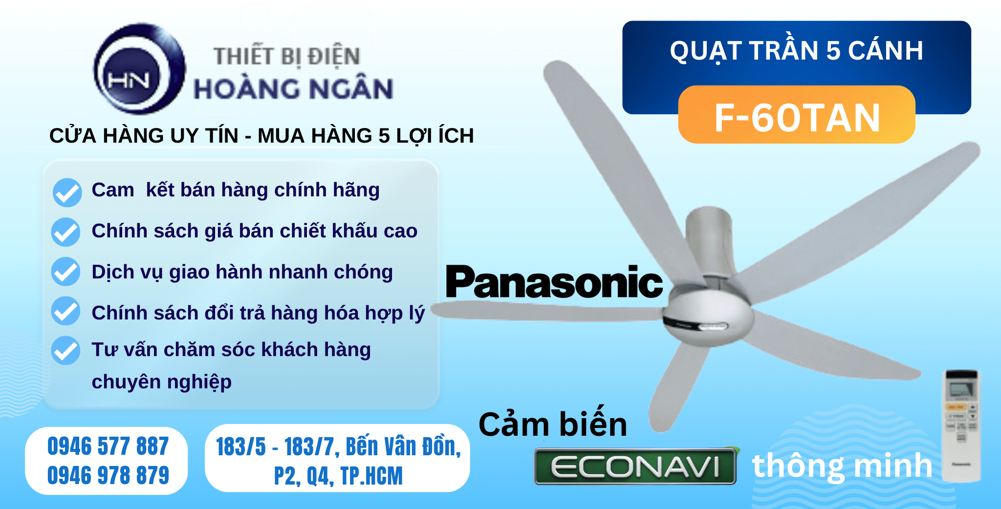 Quạt trần Panasonic 5 cánh Cảm Biến F-60TAN - Thiết bị điện Hoàng Ngân