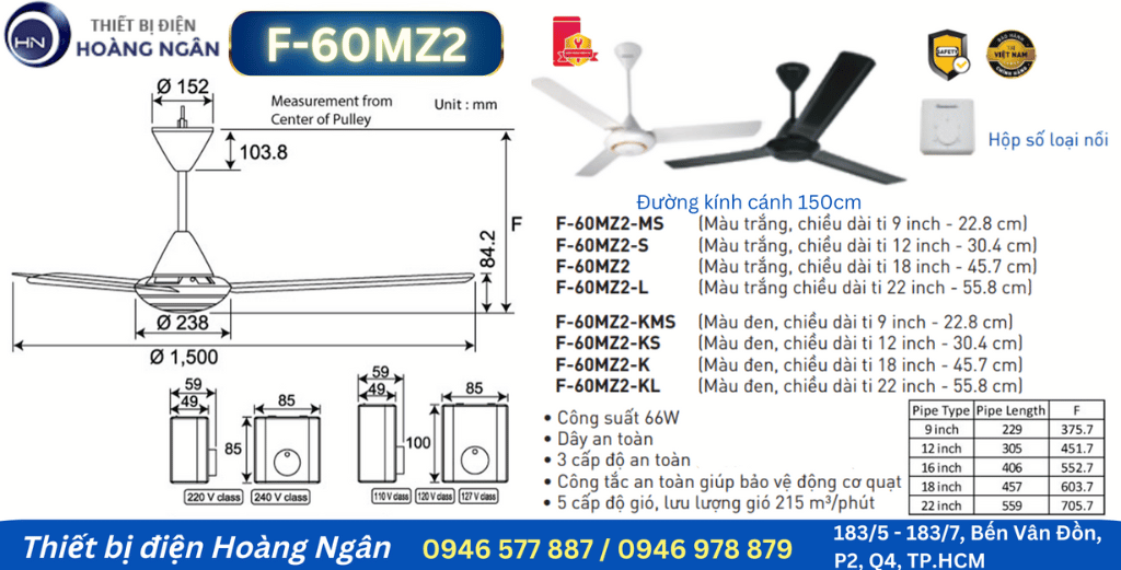 Quạt Trần Panasonic 3 Cánh F-60MZ2 66W - 4 Chiều dài ti 