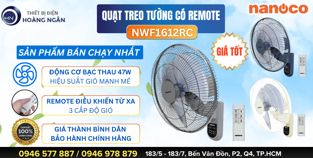 Quạt Treo Tường Có Remote Nanoco NWF1612RC