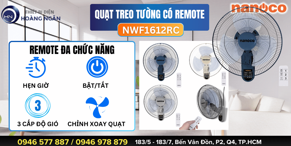 Quạt Treo Tường Có Remote Nanoco NWF1612RC