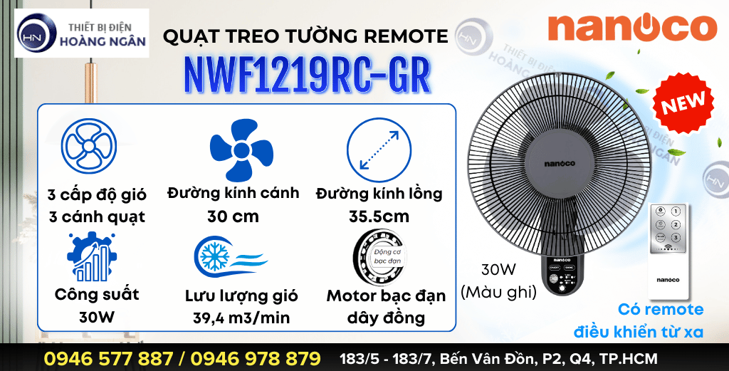 Quạt Treo Tường Nanoco NWF1219RC-GR – Điều khiển từ xa tiện lợi