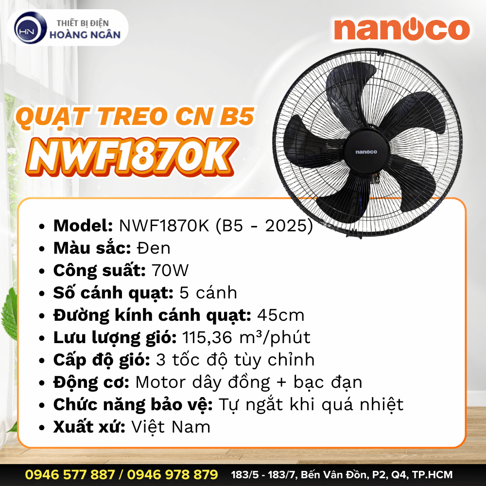 Quạt Treo Tường Công Nghiệp B5 Nanoco NWF1870K