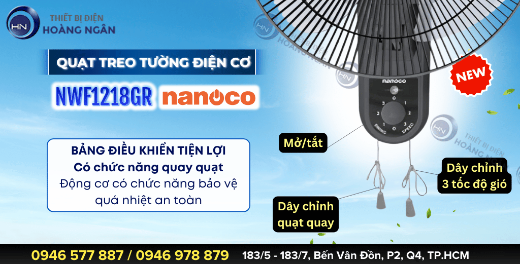 Quạt treo tường điện cơ Nanoco NWF1218GR điều khiển dây giật