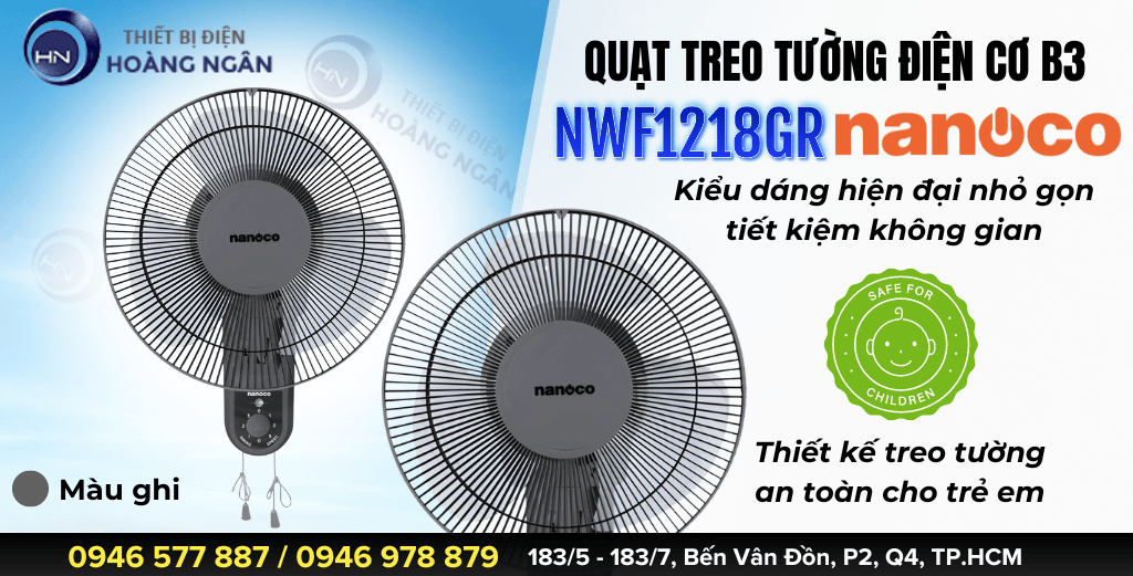 Quạt treo tường điện cơ Nanoco NWF1218GR điều khiển dây giật