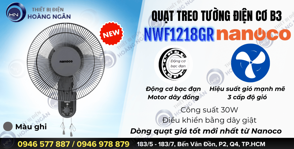 Quạt treo tường điện cơ Nanoco NWF1218GR