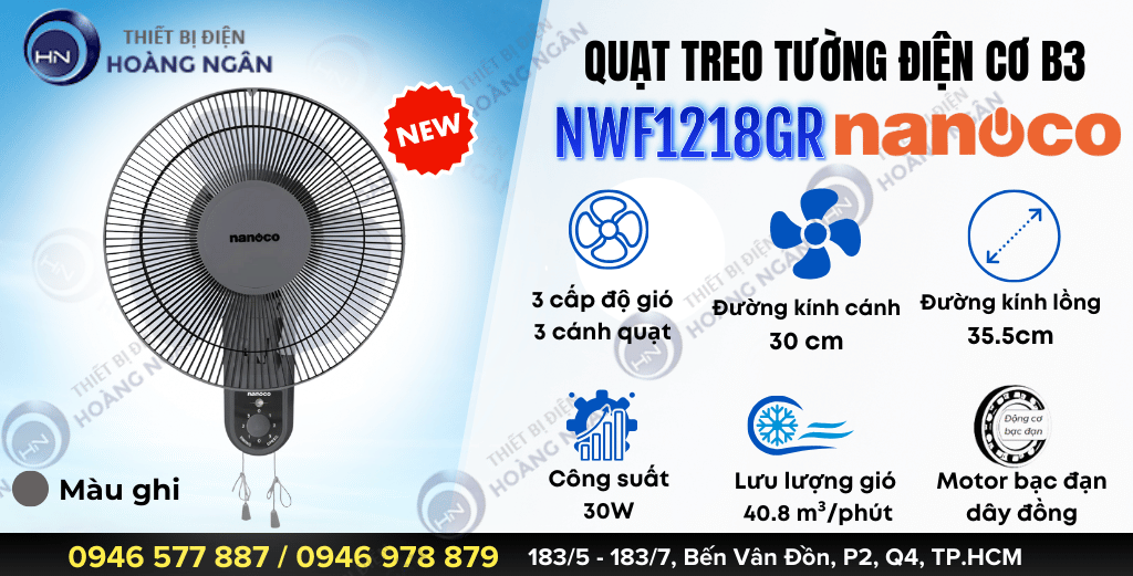 Quạt treo tường điện cơ Nanoco NWF1218GR