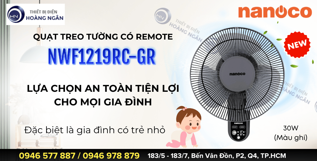 Quạt treo tường điều khiển từ xa B3 Nanoco NWF1219RC-GR