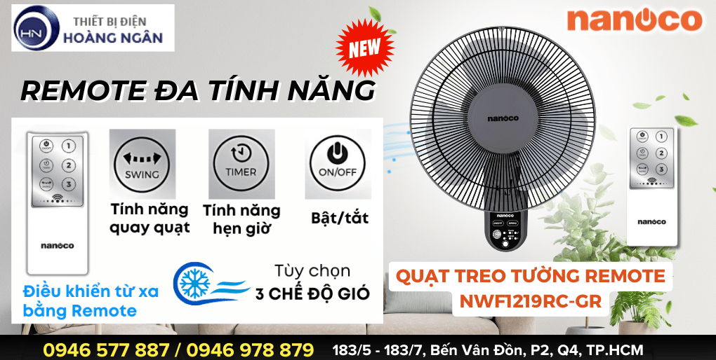 Quạt treo tường điều khiển từ xa Nanoco NWF1219RC-GR