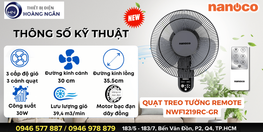 Quạt treo tường điều khiển từ xa Nanoco NWF1219RC-GR