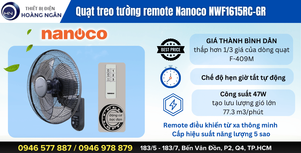 Quạt Treo Tường Nanoco NWF1615RC-GR 47W màu ghi 