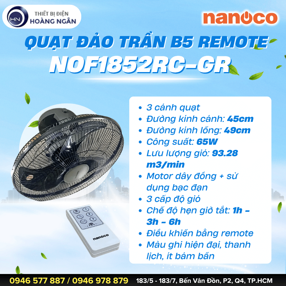 Thông số kỹ thuật Quạt Đảo Trần Remote Nanoco NOF1852RC-GR