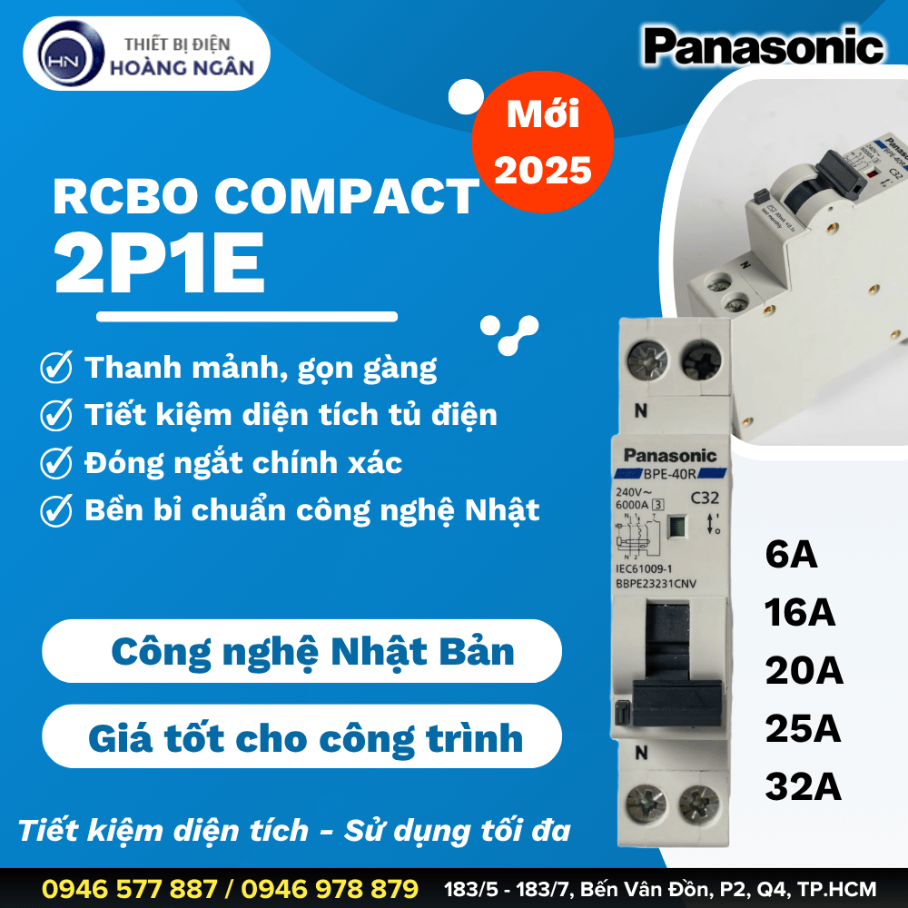 RCBO Panasonic Compact 2P1E Mới Nhất 2025 - Nhỏ Gọn, Tiết Kiệm Diện Tích Tủ Điện - Từ Panasonic Nhật Bản