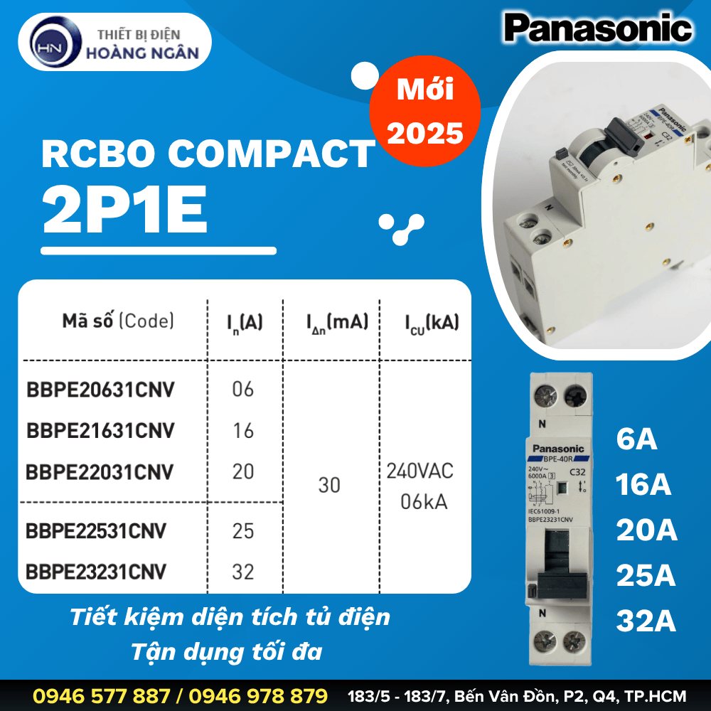 RCBO Panasonic Compact 2P1E Mới Nhất 2025 - Nhỏ Gọn, Tiết Kiệm Diện Tích Tủ Điện - Từ Panasonic Nhật Bản