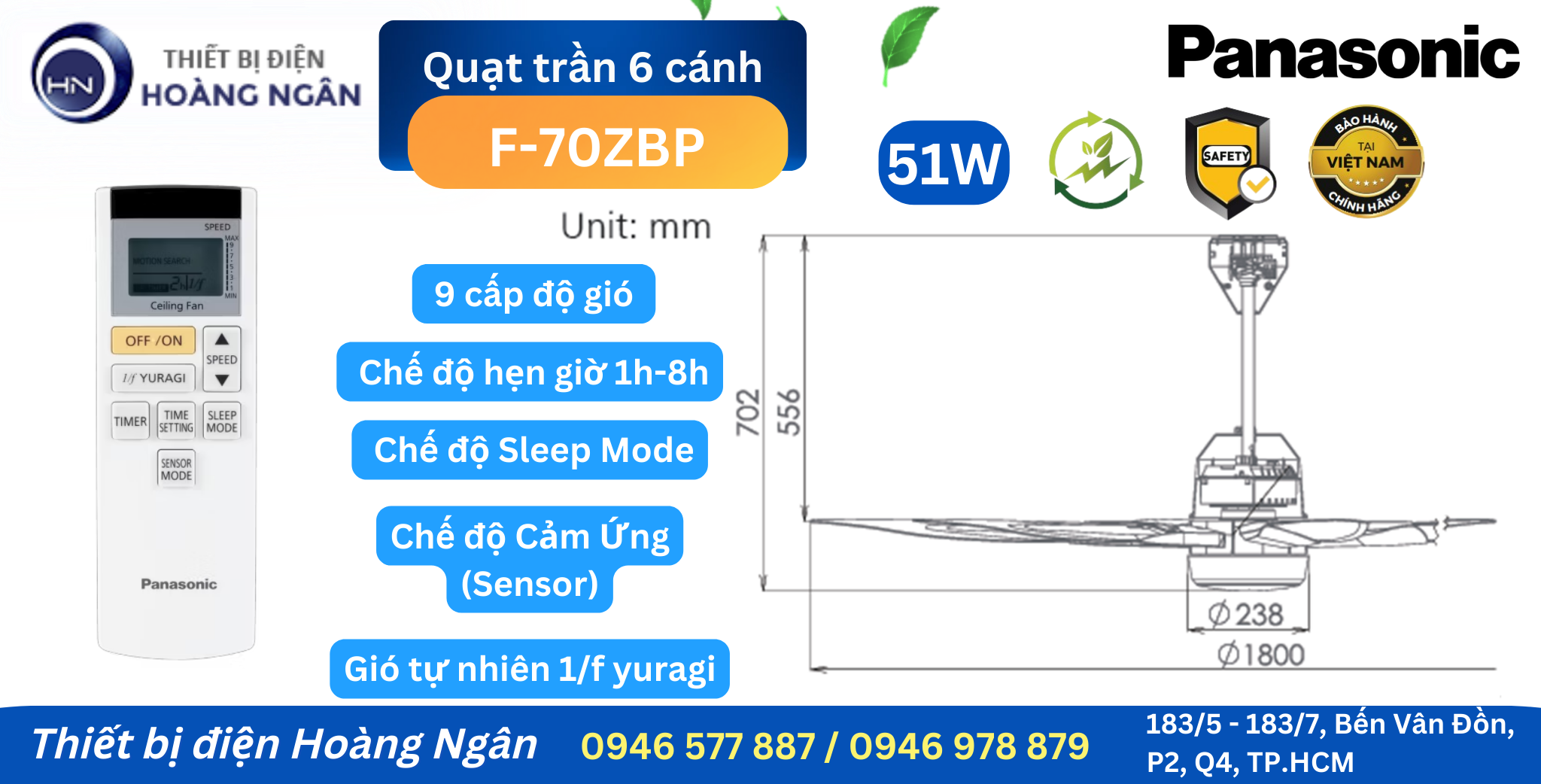 Quạt Trần 6 Cánh Panasonic F-70ZBP Cảm Biến