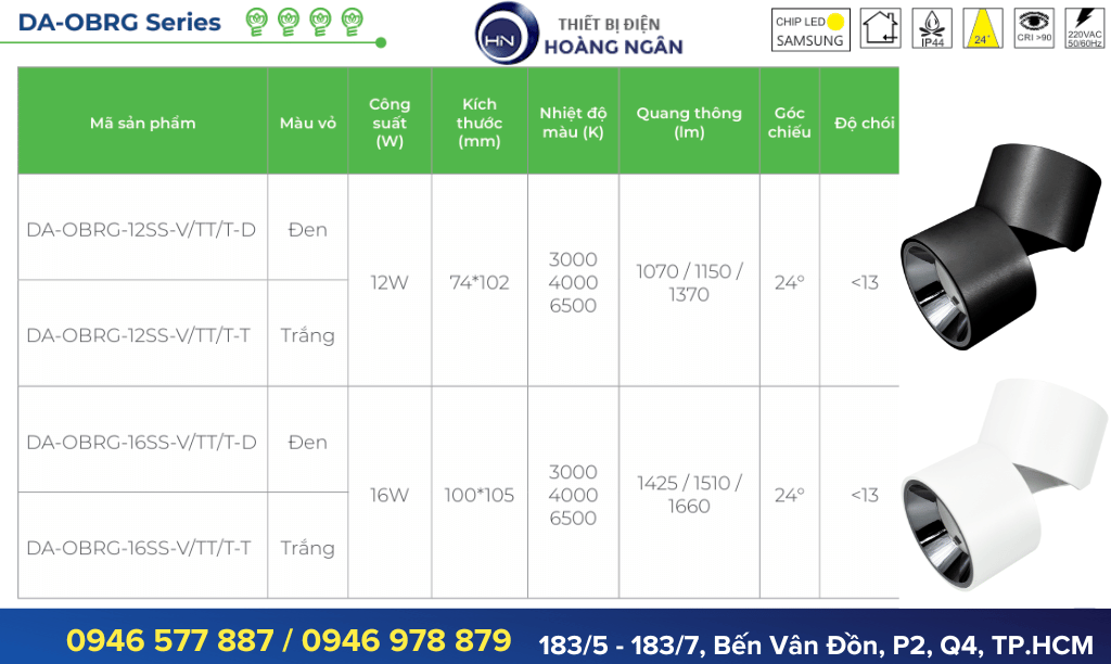 Thông số kỹ thuật Đèn ống bơ gập chiếu rọi DA-OBRG Series 