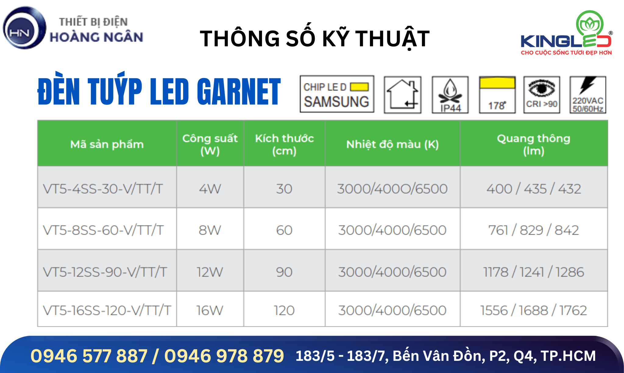 Thông số Đèn Tuýp LED T5 Garnet VT5-SS Liền Máng KingLED