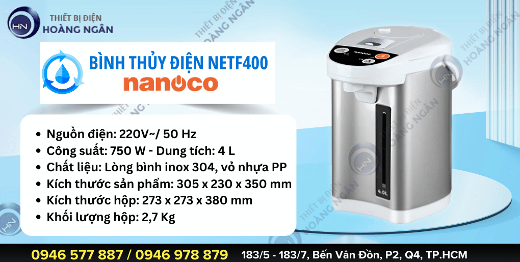 Thông số kỹ thuật Bình Thủy Điện 4 lít Nanoco NETF400