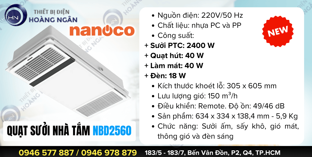 Thông số kỹ thuật của quạt sưởi ấm hút mùi NBD2560 Nanoco