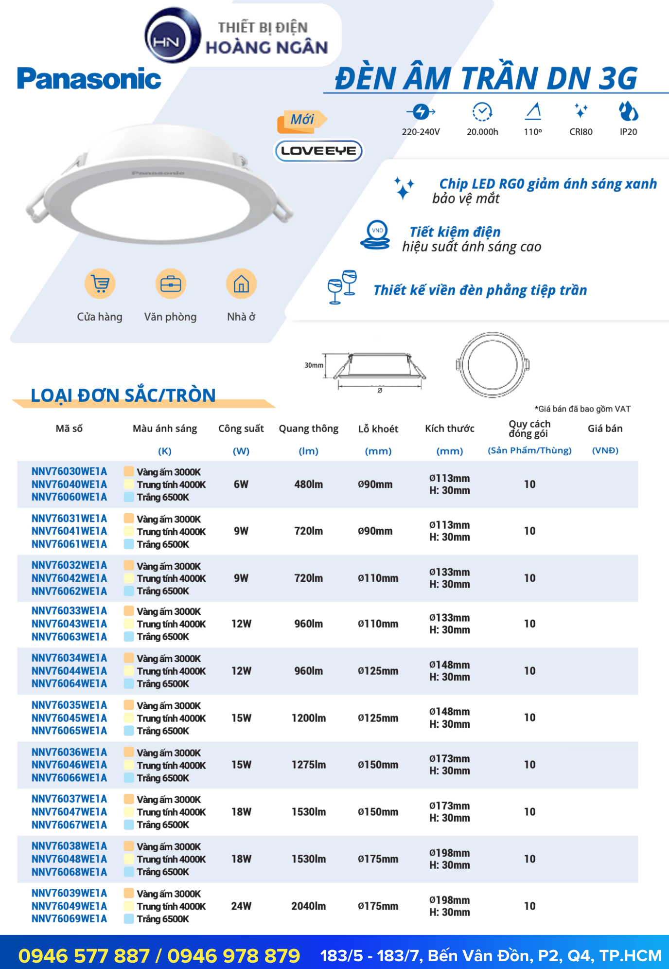 Thông số kỹ thuật của Đèn LED Âm Trần Panasonic DN 3G