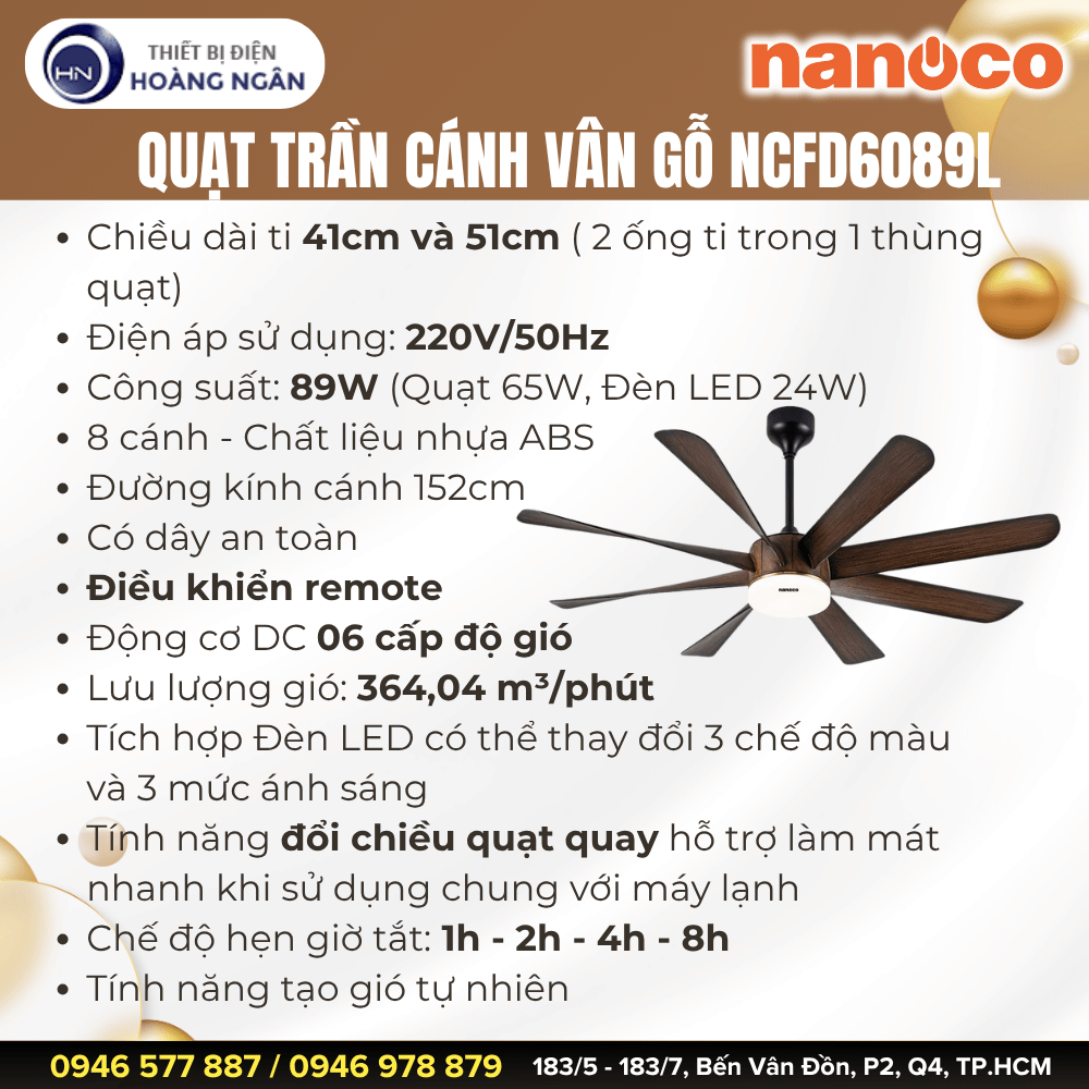Thông số kỹ thuật của Quạt Trần Đèn Cánh Vân Gỗ Nanoco NCFD6089L