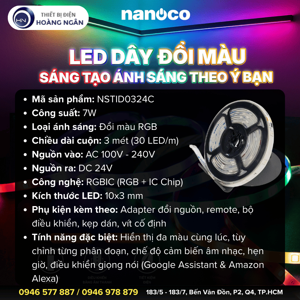 Thông số kỹ thuật của Đèn LED Dây Đổi Màu Nanoco NSTID0324C