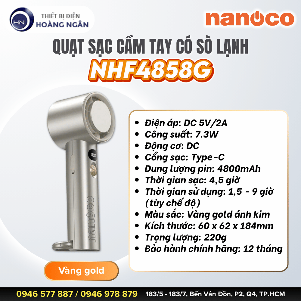 Thông số kỹ thuật của Quạt Sạc Cầm Tay Có Sò Lạnh Nanoco NHF4858G