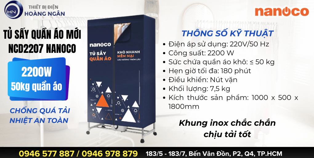 Tủ sấy quần áo Nanoco NCD2207 50kg 2200W