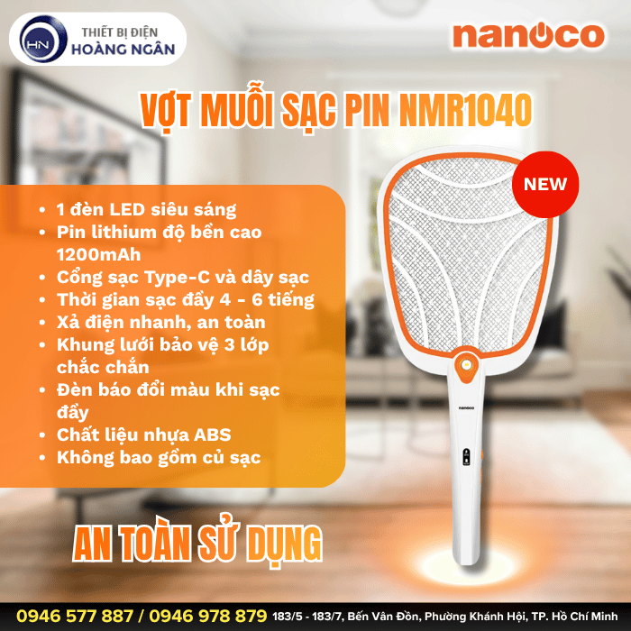 Vợt Muỗi NMR104O Nanoco Dung Lượng Pin Lớn