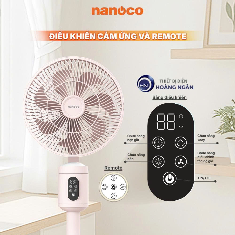 Quạt Sạc Đứng 21W, Cảm Ứng Và Remote, Màu Trắng NRF9025W Và Màu Hông NRF9025P Nanoco
