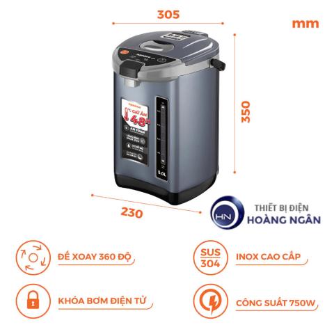 Bình Thủy Điện NETF500 5L Màu Xanh Đen Nanoco